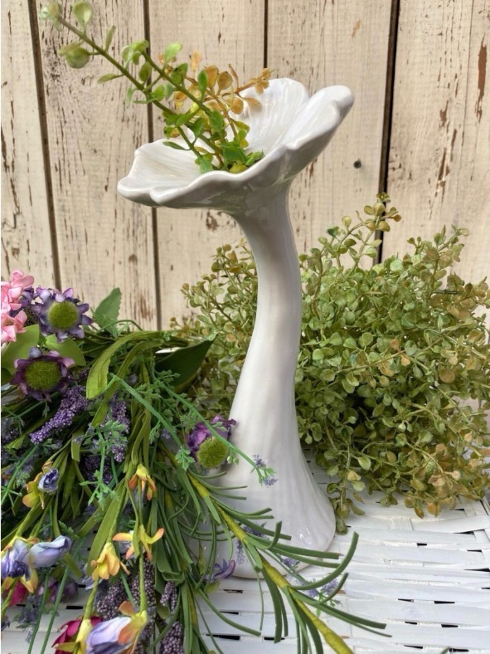 White Ceramic Flower Pedestal Vase with Fluted Bloom